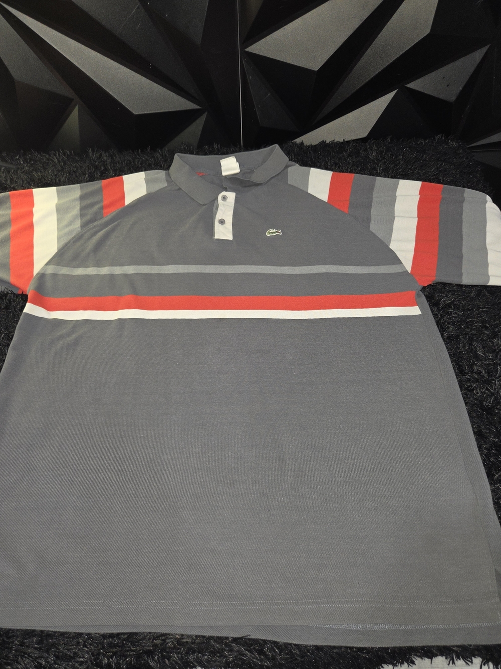 Lacoste Gray Polo with Red & White Stripe Accents